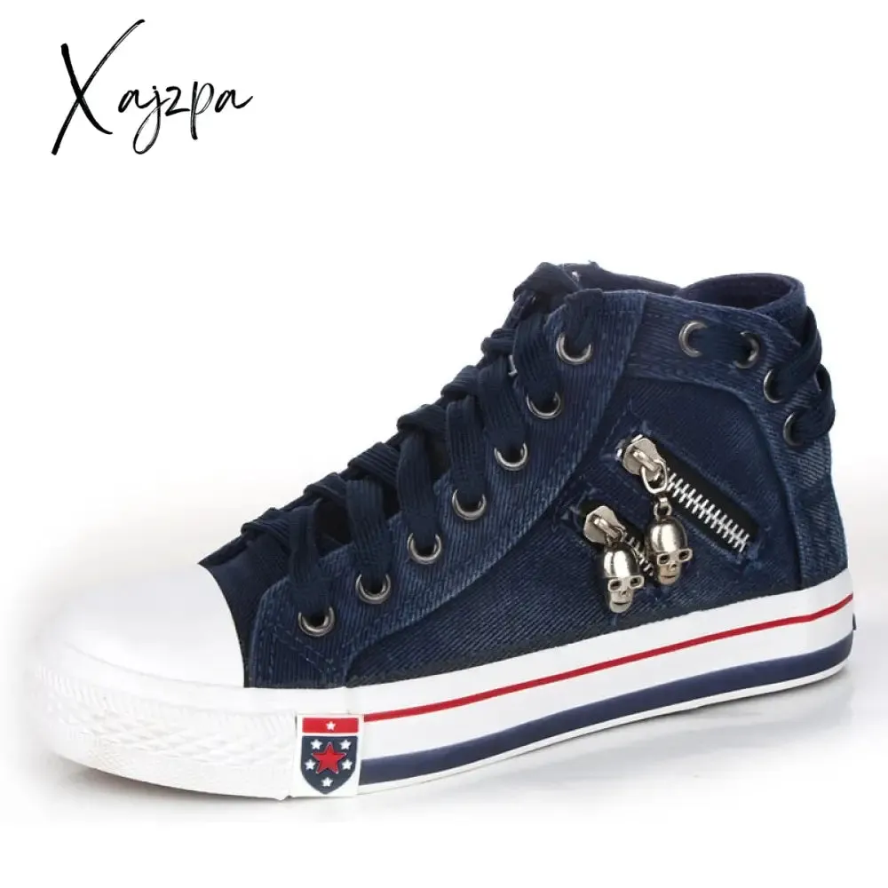 Xajzpa - Shoes Women Canvas Chic High Top Denim Leisure Footwear Womens All-match Flat Zipper Walk In Ladies Breathable flat shoes